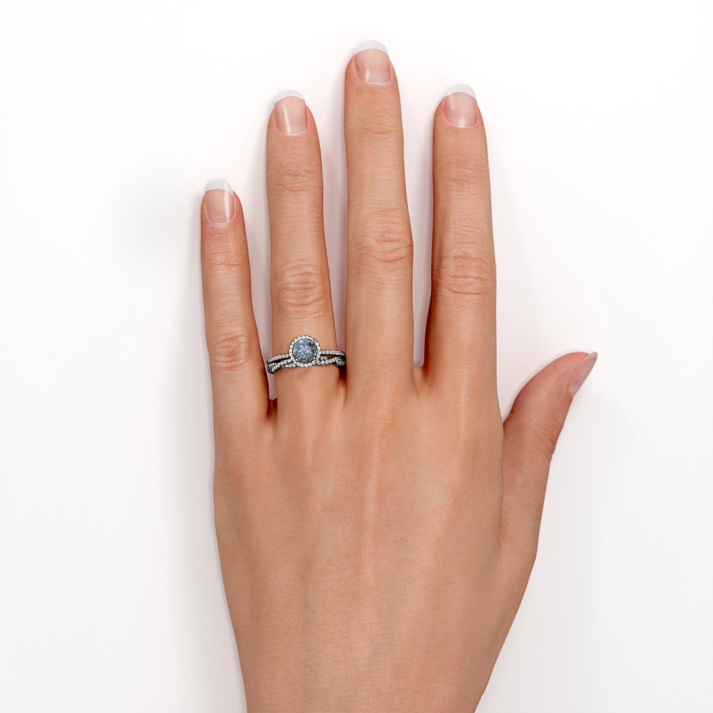 Four-Prong Halo Setting 1.5 Carat Round Brilliant Cut Gray Salt and Pepper Diamond Bridal Ring Set in 18K Black Gold Plating over Silver D74997
