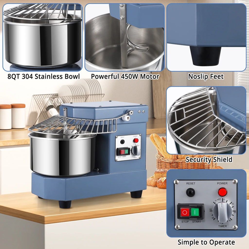 Commercial Dough Mixer, 8Qt Capacity, 450W Dual Rotating Dough Kneading Machine with Stainless Steel Bowl, Safety Shield, 110V K93416