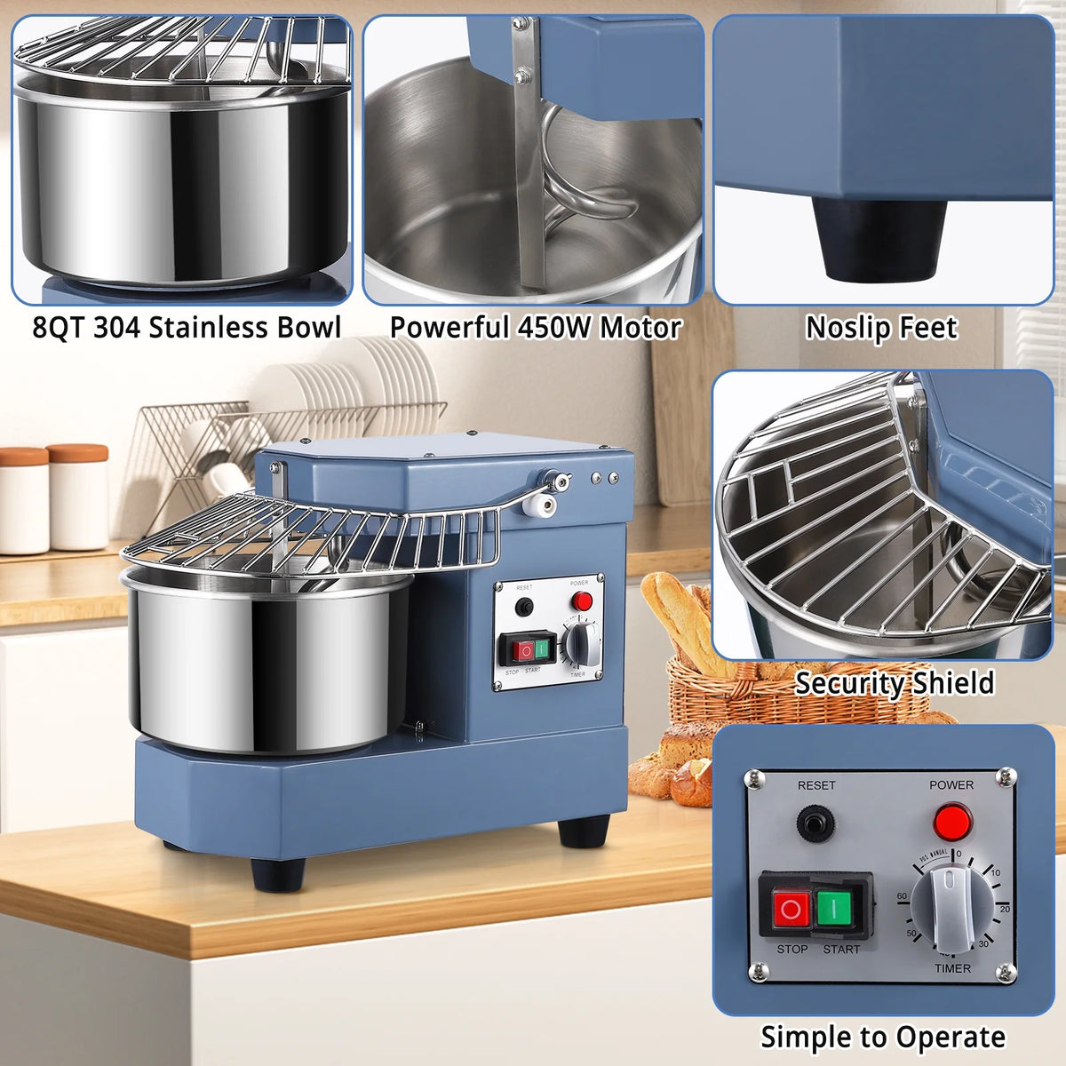 Commercial Dough Mixer, 8Qt Capacity, 450W Dual Rotating Dough Kneading Machine with Stainless Steel Bowl, Safety Shield, 110V K93416