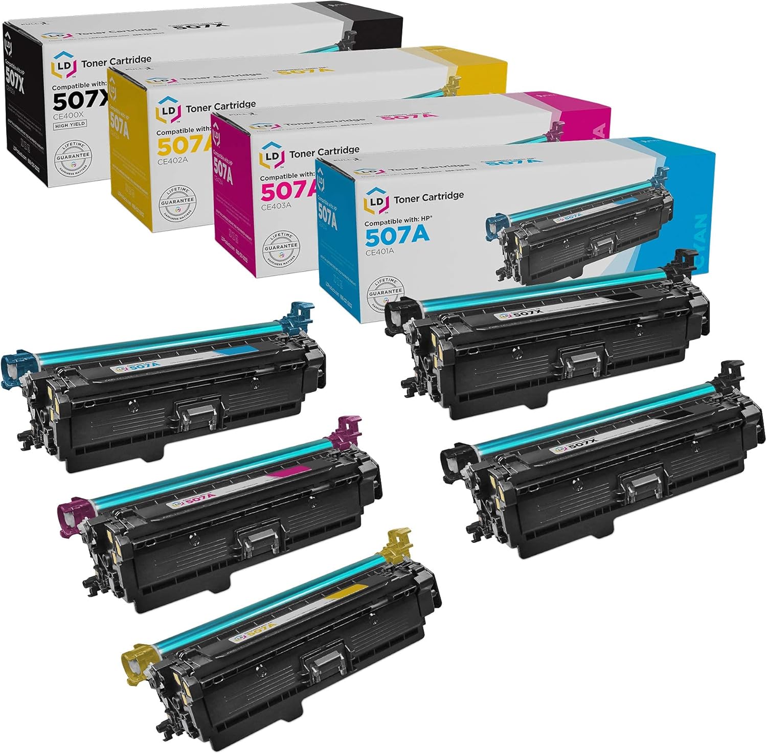 5-Pack Remanufactured Toner Cartridge Replacements for HP 507A & 507X High Yield (2 Black, 1 Cyan, 1 Magenta, 1 Yellow) Y571399