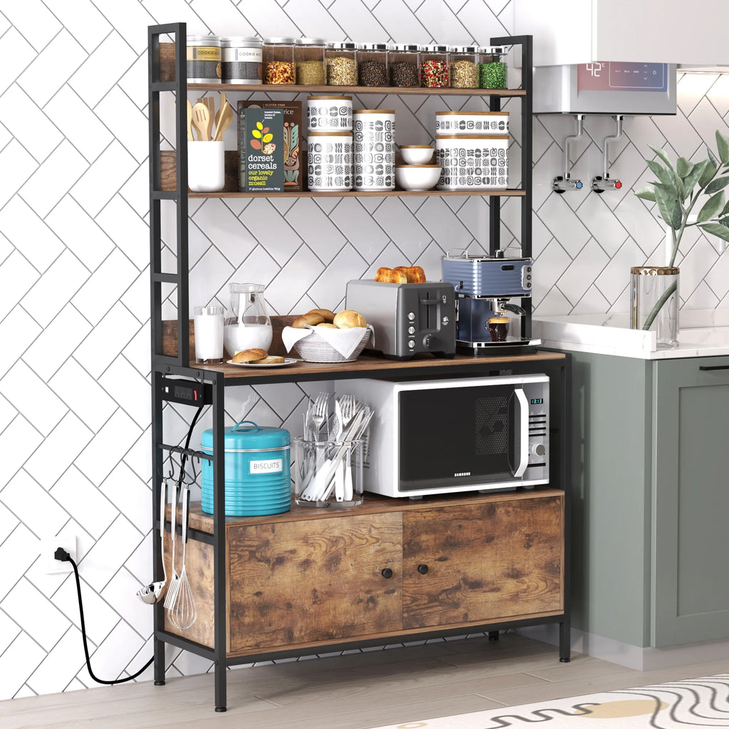 5-Tier Brown Wood Microwave Rack with Power Outlets D667960