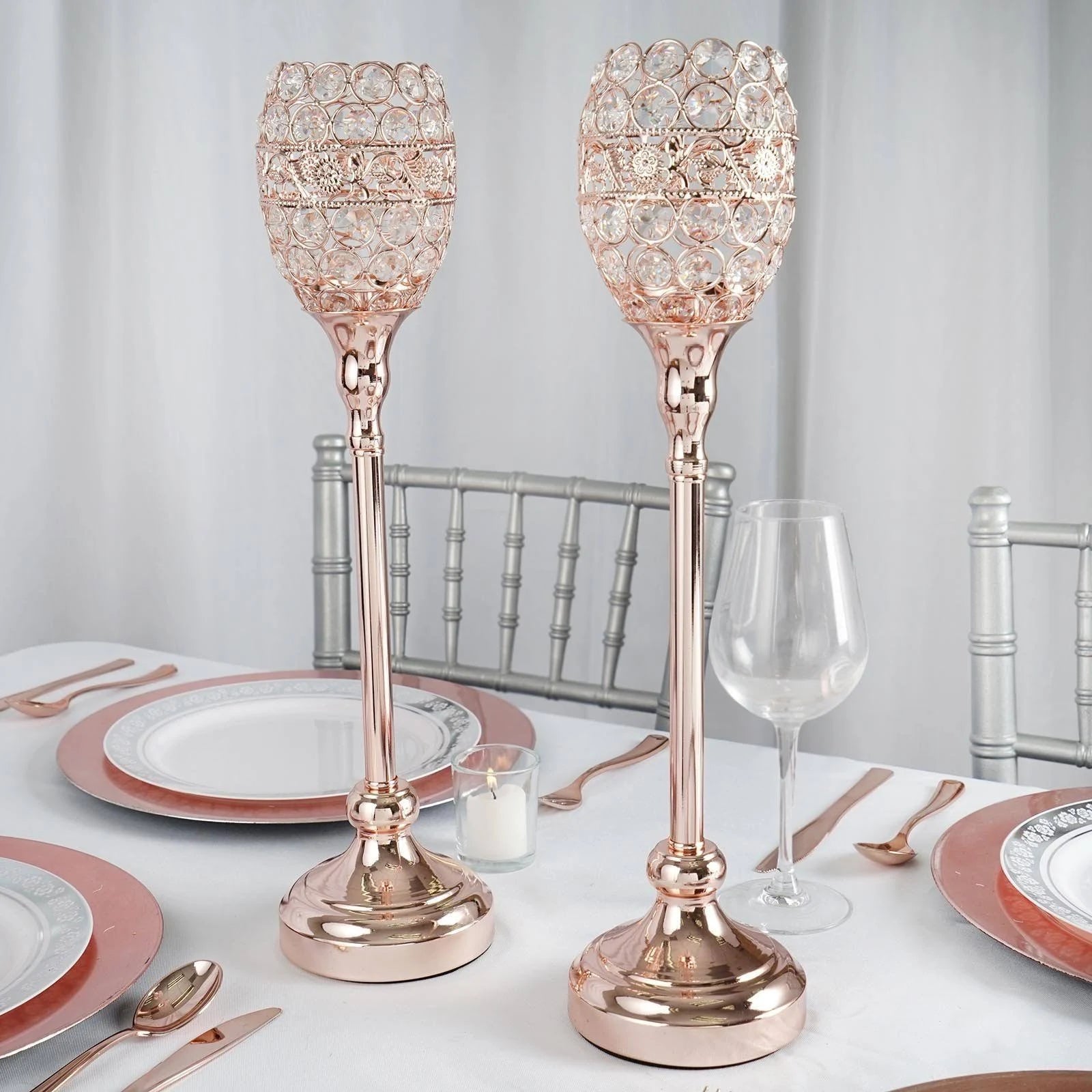 2 Rose Gold 18x22 Tall Faux Crystal Beaded Candle Holders N374