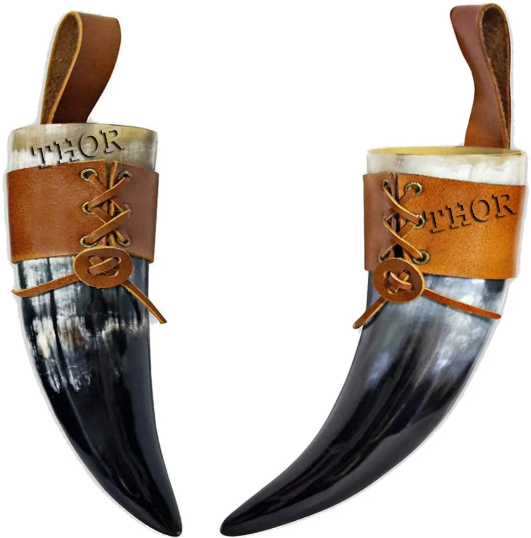 Viking Drinking Horn Mug Cup with Brown Leather Holster U29859