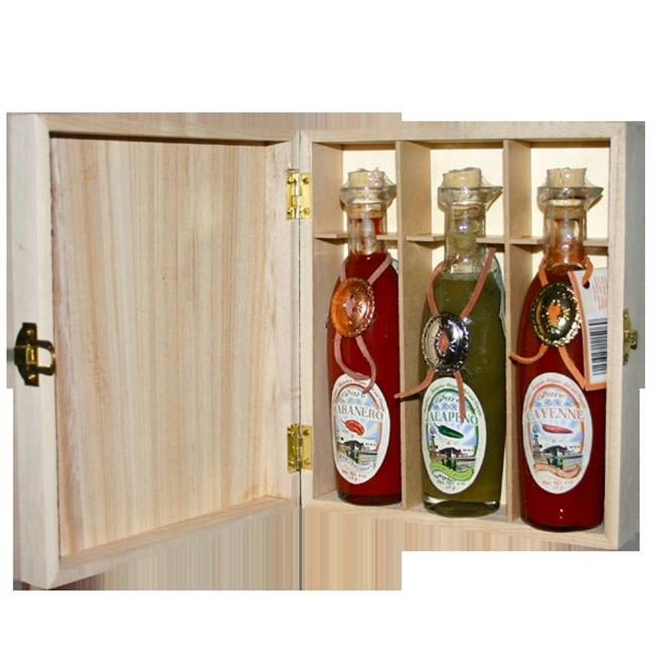 Hot Sauce Gift Set Wood Box 3 Glass Bottles Habanero, Jalapeno, Ghost Pepper I99821