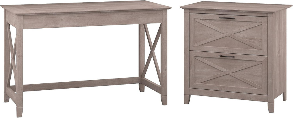 48W Writing Desk with 2 Drawer Lateral File Cabinet in Washed Gray V6094