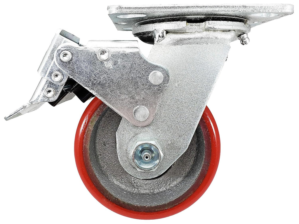 4 x 2 Total Lock Caster Set with Red Polyurethane on Steel Wheel P3612
