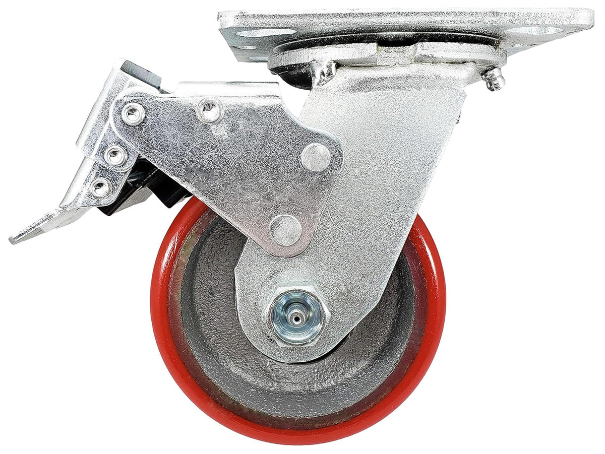 4 x 2 Total Lock Caster Set with Red Polyurethane on Steel Wheel P3612