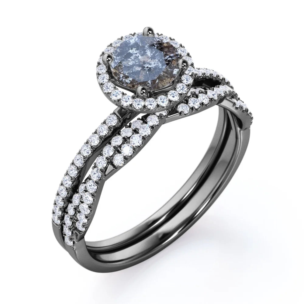 Four-Prong Halo Setting 1.5 Carat Round Brilliant Cut Gray Salt and Pepper Diamond Bridal Ring Set in 18K Black Gold Plating over Silver D74997