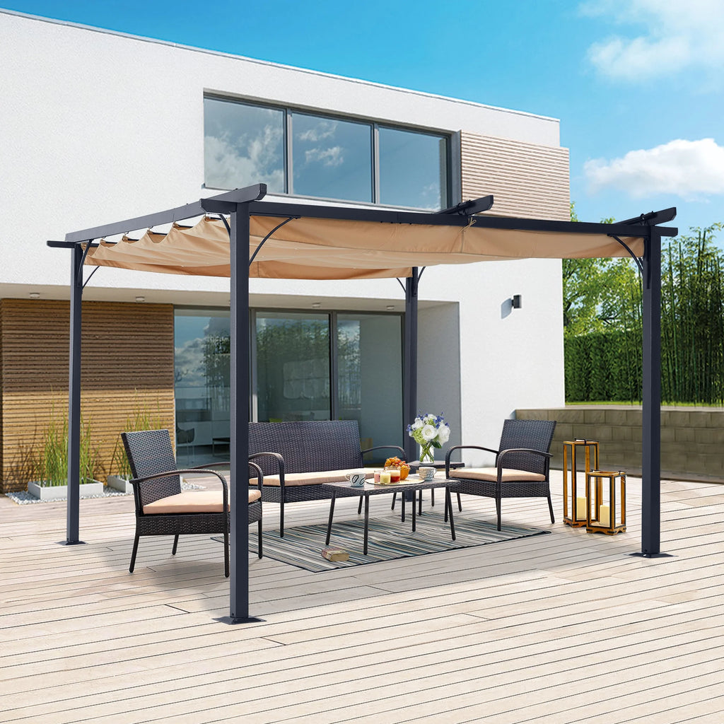 Beige 10x10 Retractable Shade Patio Gazebo Pergola P383488