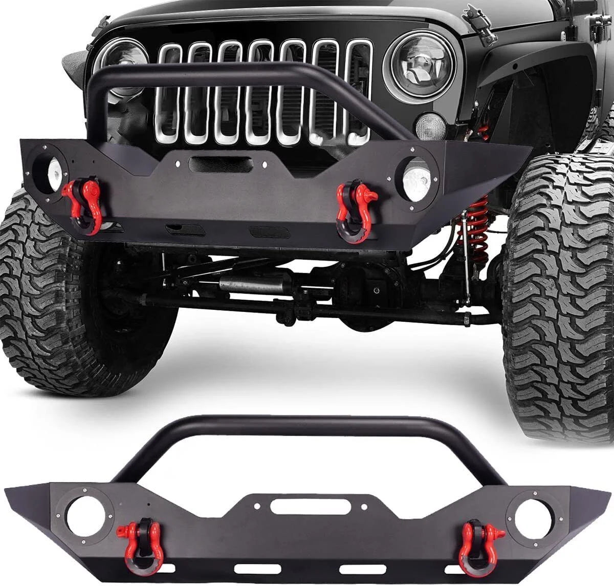 2PCS Full Width Bumper Combo with Winch Plate & LED Lights & D-rings & Fog Light Housing Q10270