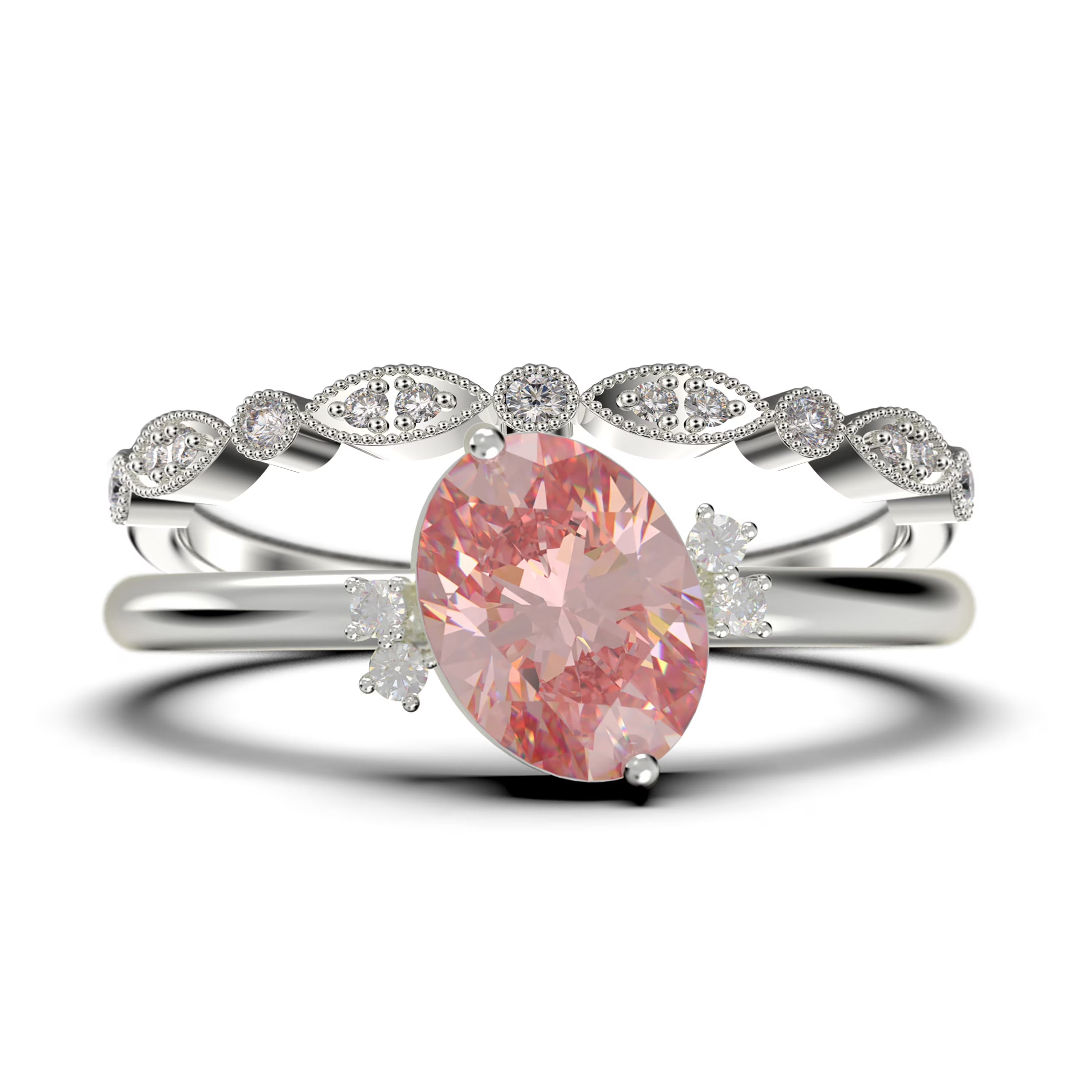 10K Solid White Gold Oval Cut Morganite And Diamond Moissanite Engagement Ring P1565