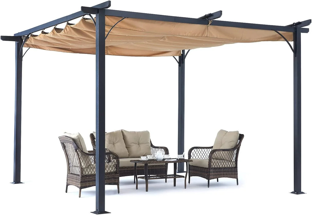 Beige 10x10 Retractable Shade Patio Gazebo Pergola P383488