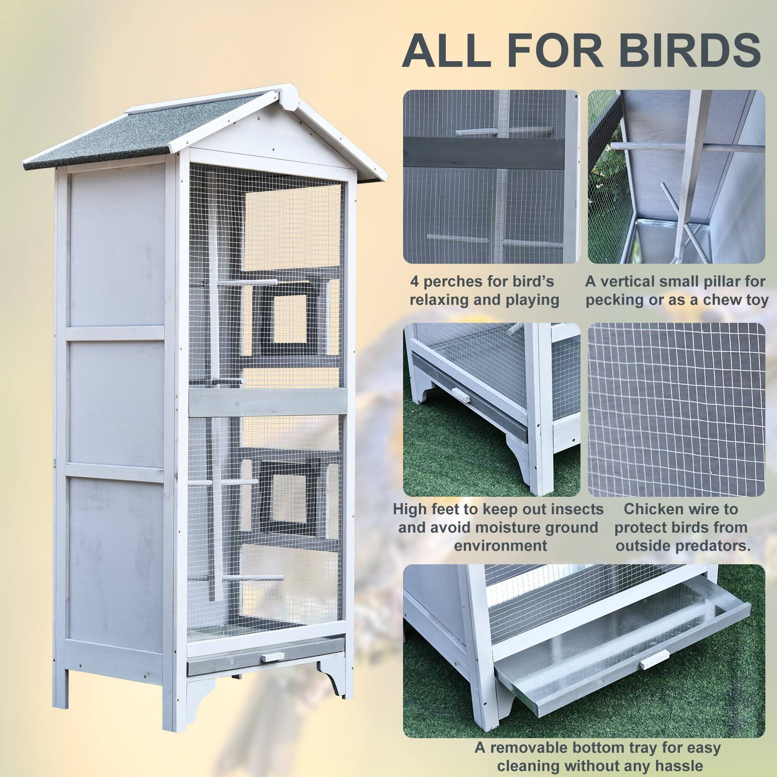Grey Outdoor Wooden Bird Cage with Removable Bottom Tray C15005