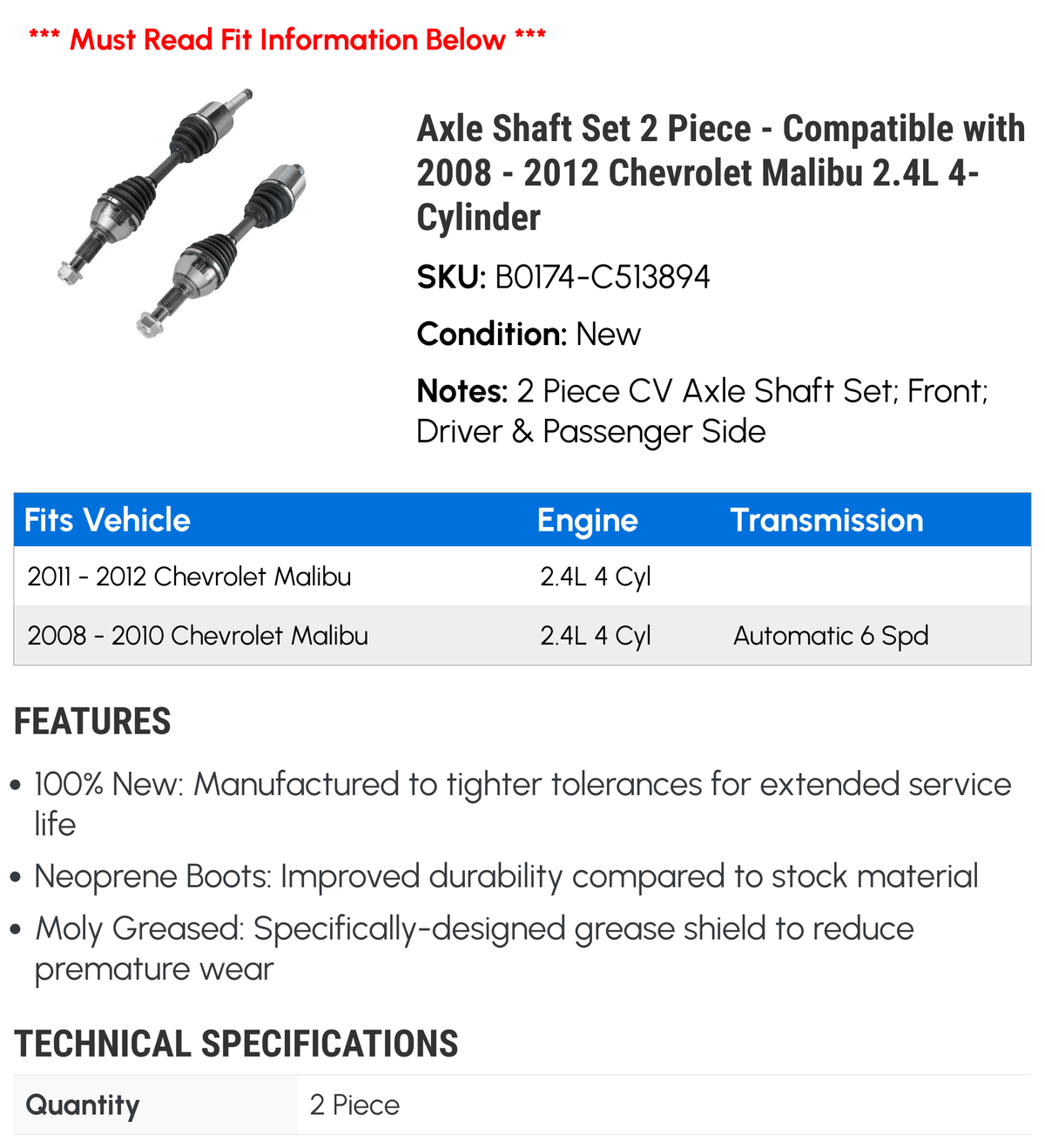 Axle Shaft Set 2 Piece F893