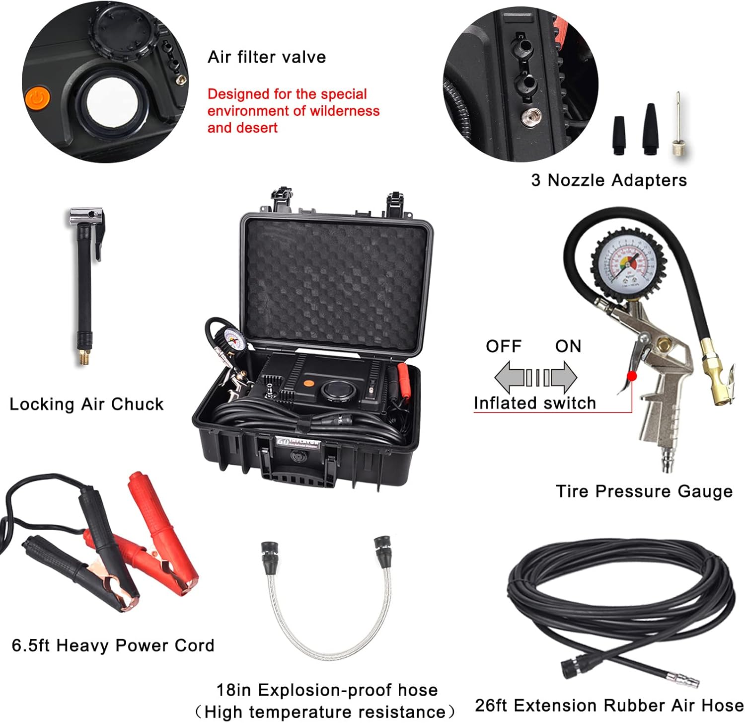 12V Portable Air Compressor Kit 180L/min Tire Inflator with Tire Pressure Gauge and 8m Extension Air Hose, Carry Box, Pack of 2 O862