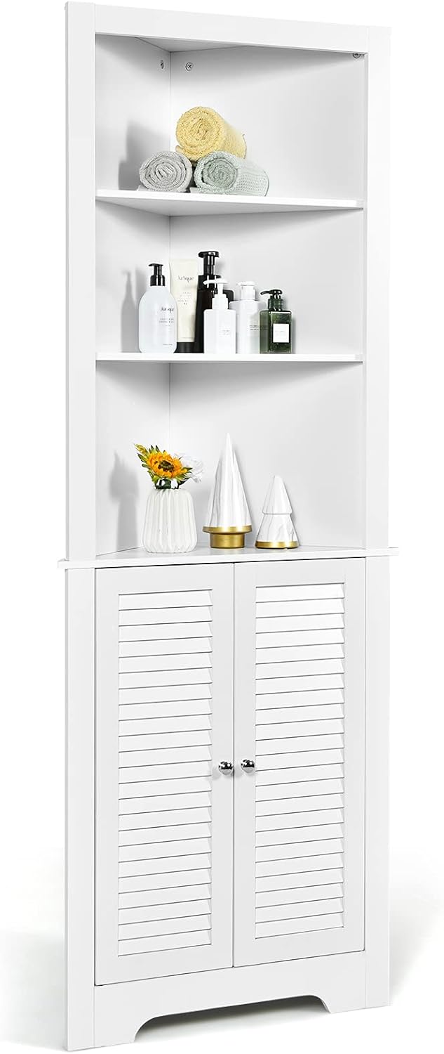 White Bathroom Corner Storage Cabinet with 3 Open Shelves A43502