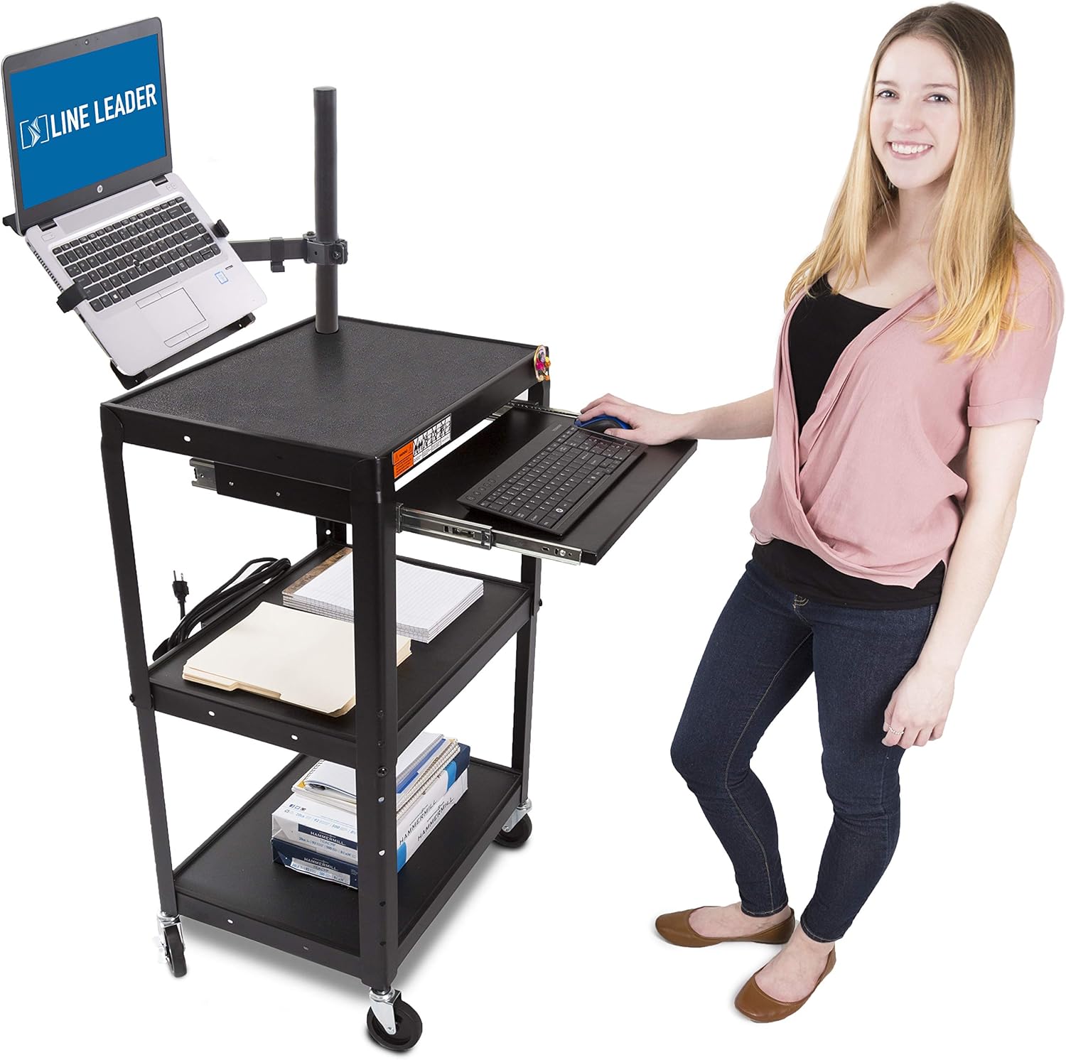 Black Mobile Workstation Computer Cart with Keyboard Tray and Laptop Stand F691