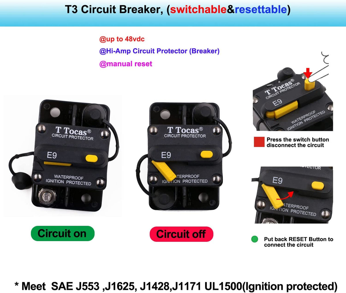 40 Amp Surface-Mount Circuit Breaker with Manual Reset Switch Button, 12V - 48V DC, Waterproof 40A O447