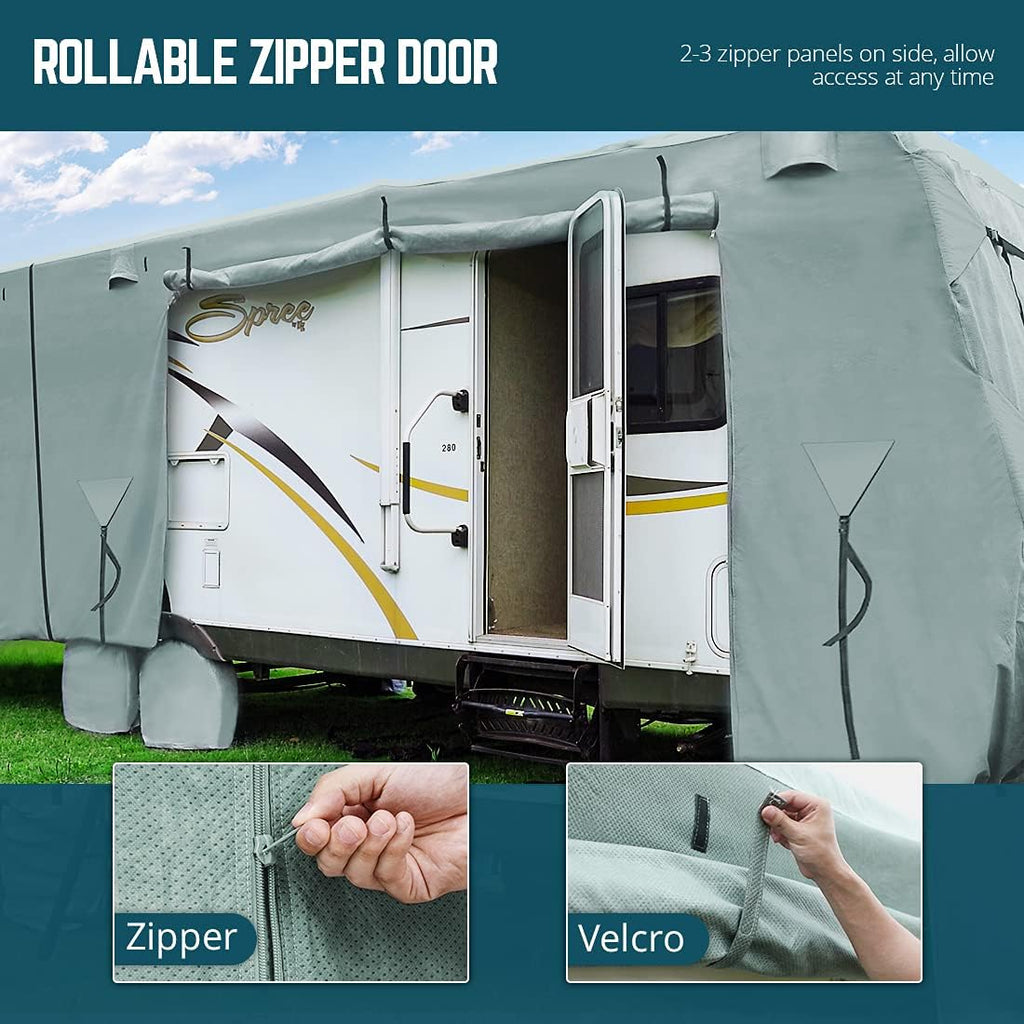 Extra-Thick 4 Layers Travel Trailer RV Cover with 2Pcs Extra Straps & 4 Tire Covers H603