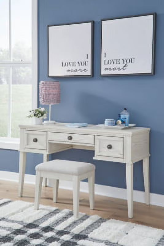 Antique White 3 Drawer Vanity with Stool V24369