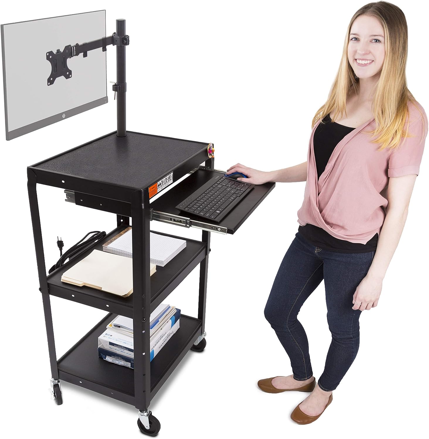 Black Mobile Workstation Computer Cart with Keyboard Tray and Laptop Stand F691