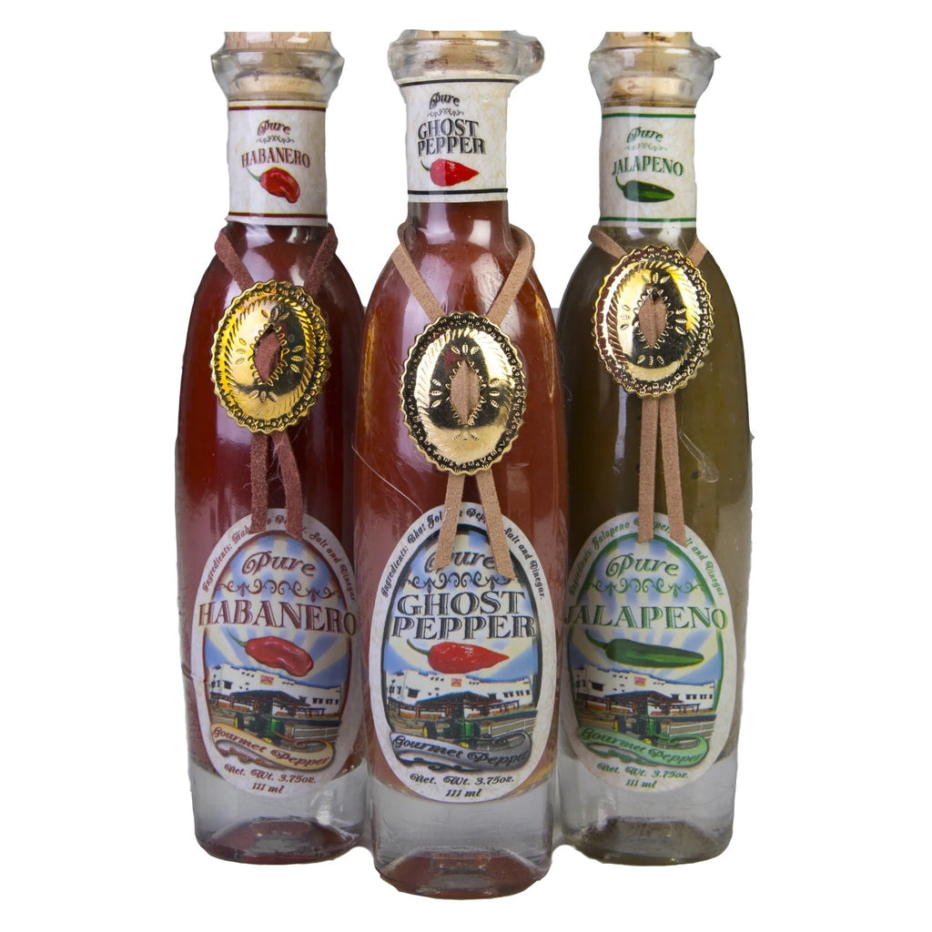 Hot Sauce Gift Set Wood Box 3 Glass Bottles Habanero, Jalapeno, Ghost Pepper I99821