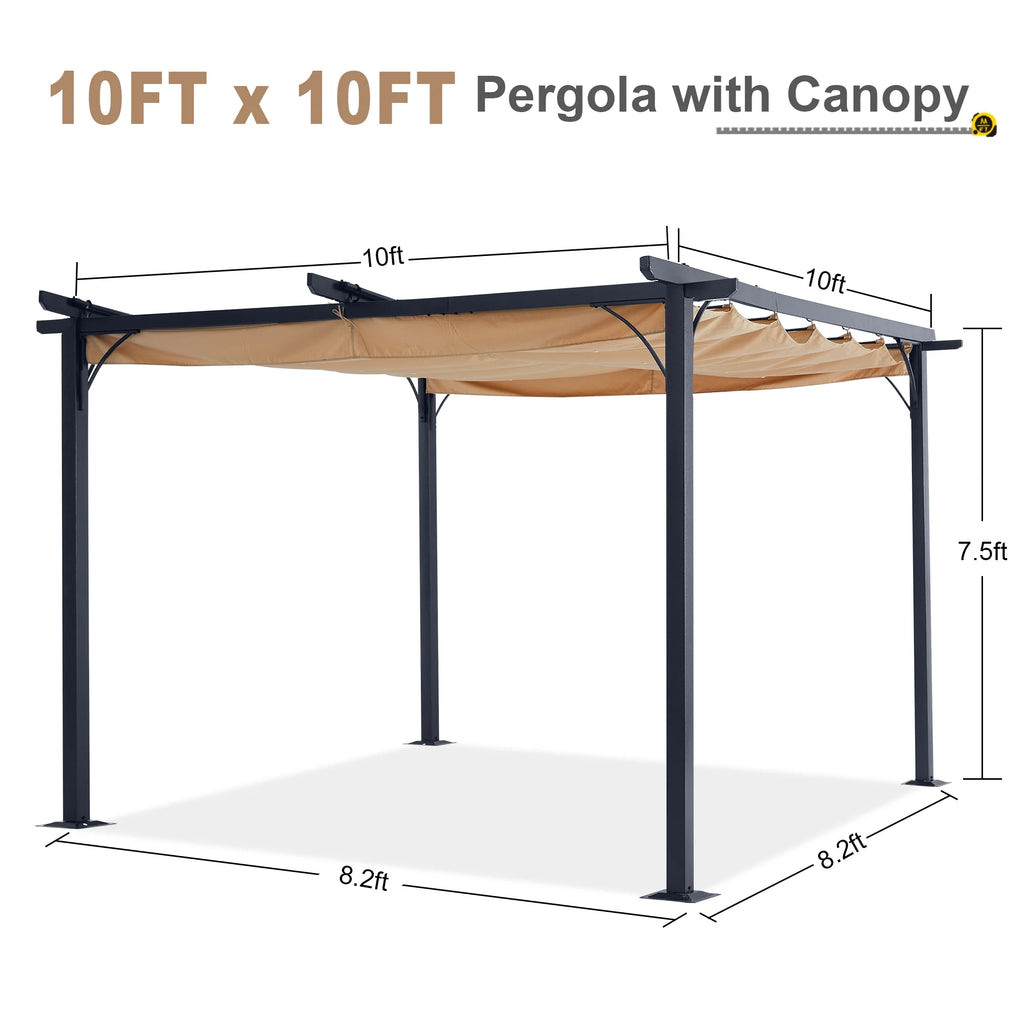 Beige 10x10 Retractable Shade Patio Gazebo Pergola P383488