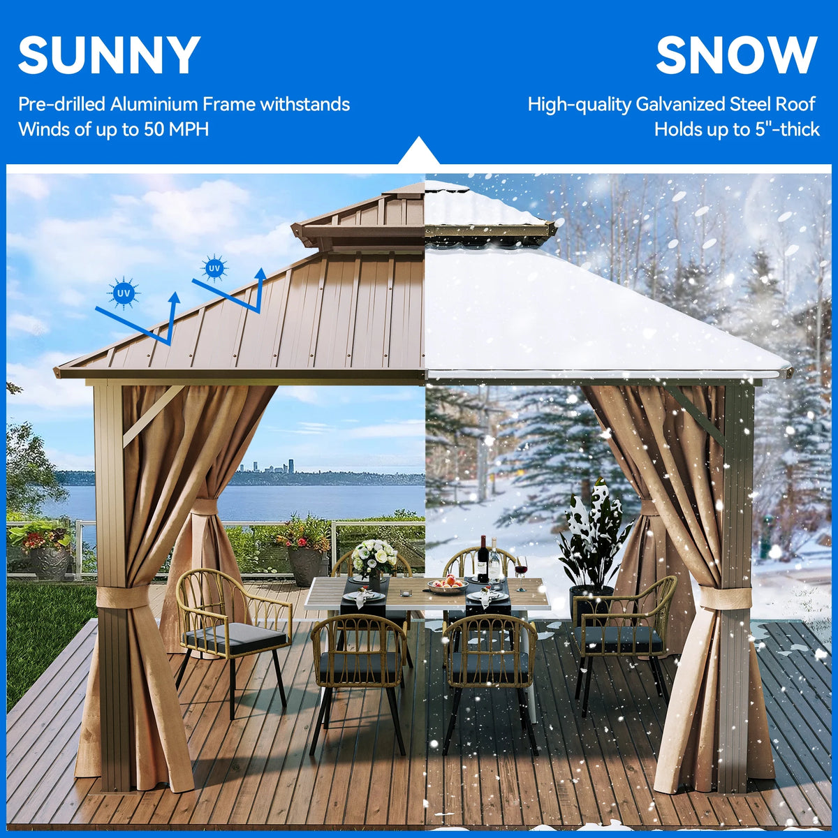 Bronze 10x10FT Double Roof Hardtop Gazebo with Nettings and Curtains Z151