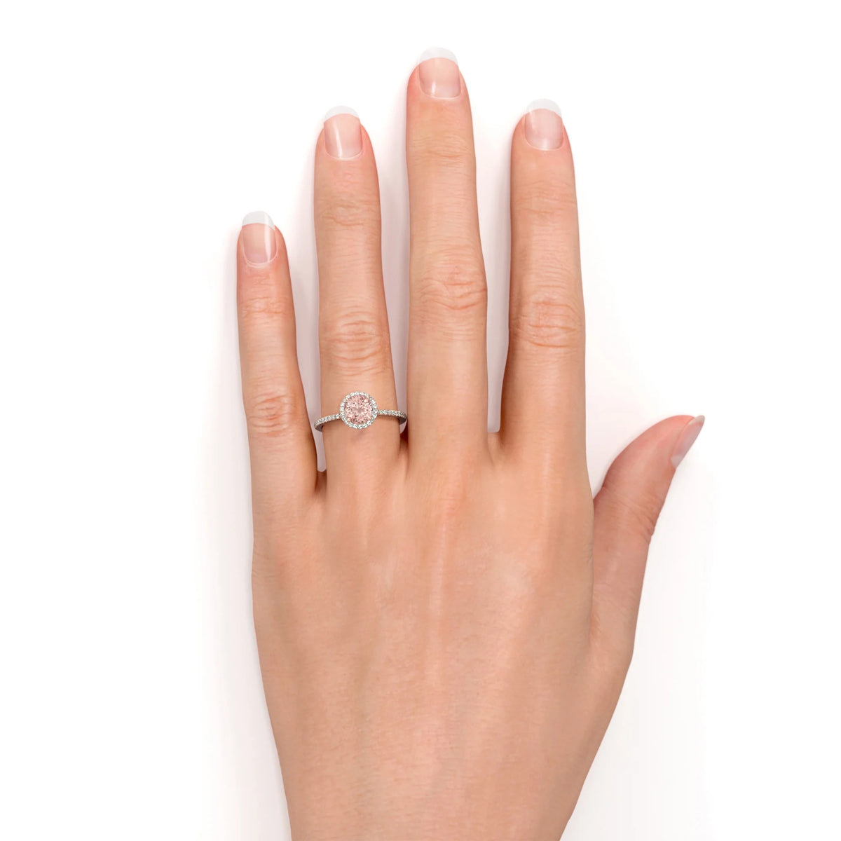 1.50 Carat Round Cut Created Morganite Diamond Halo Engagement Ring in Solid 10K Rose Gold F48521