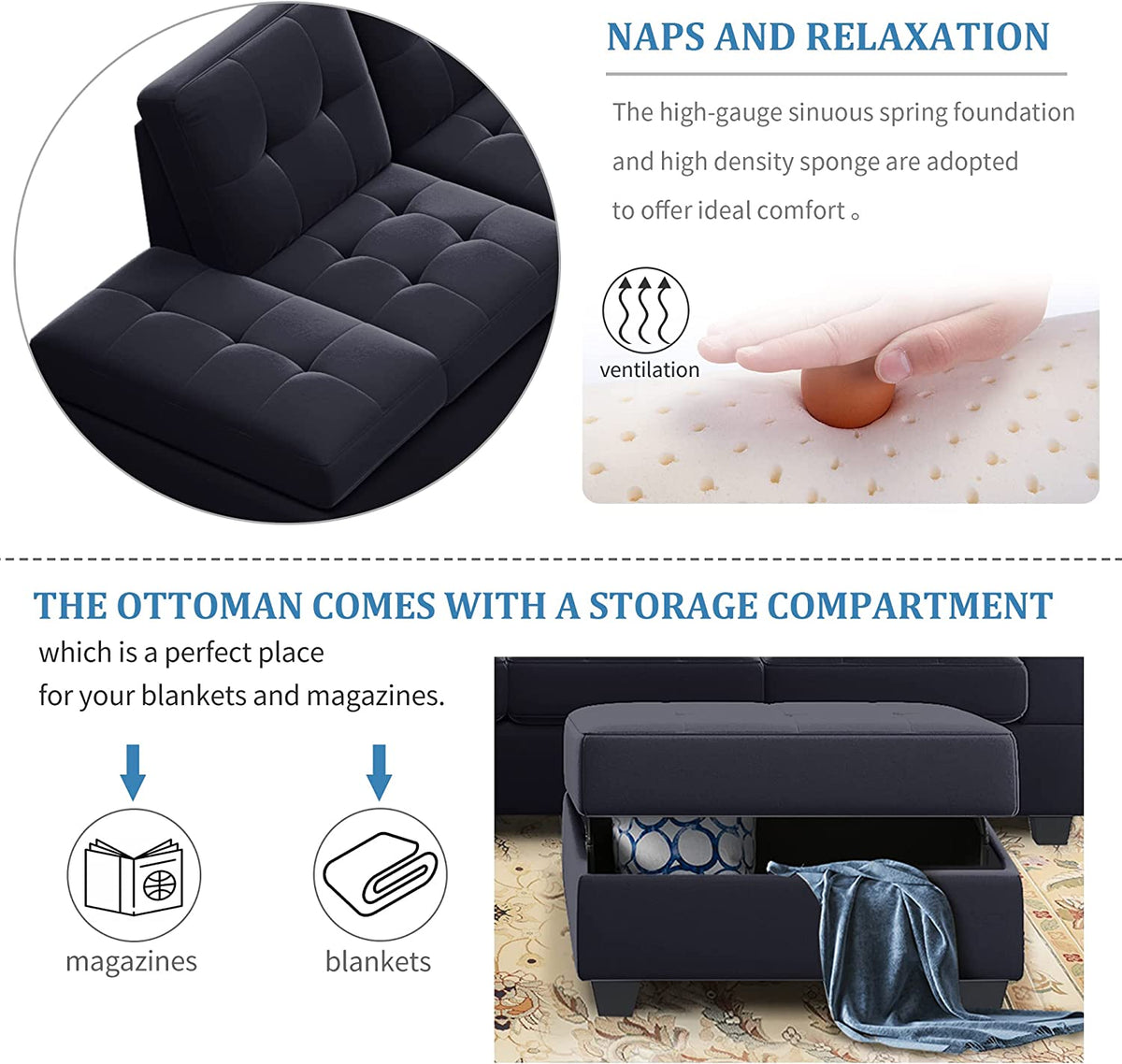 Modern Sectional Sofa with Reversible Chaise, L Shaped Couch Set with Storage Ottoman and Two Cup Holders K7034