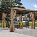 Bronze 10x10FT Double Roof Hardtop Gazebo with Nettings and Curtains Z151