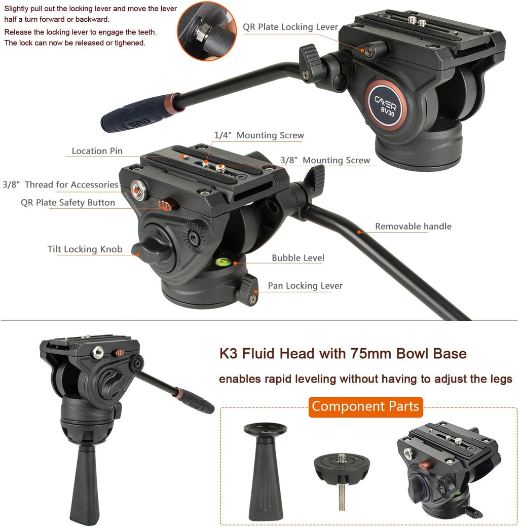 Heavy Duty 64 inches Aluminum Video Tripod with Fluid Head V1299