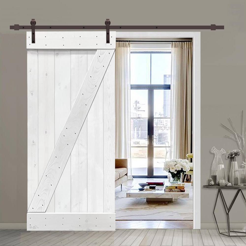 White Stained Wood Interior Sliding Barn Door with Hardware Kit B1554