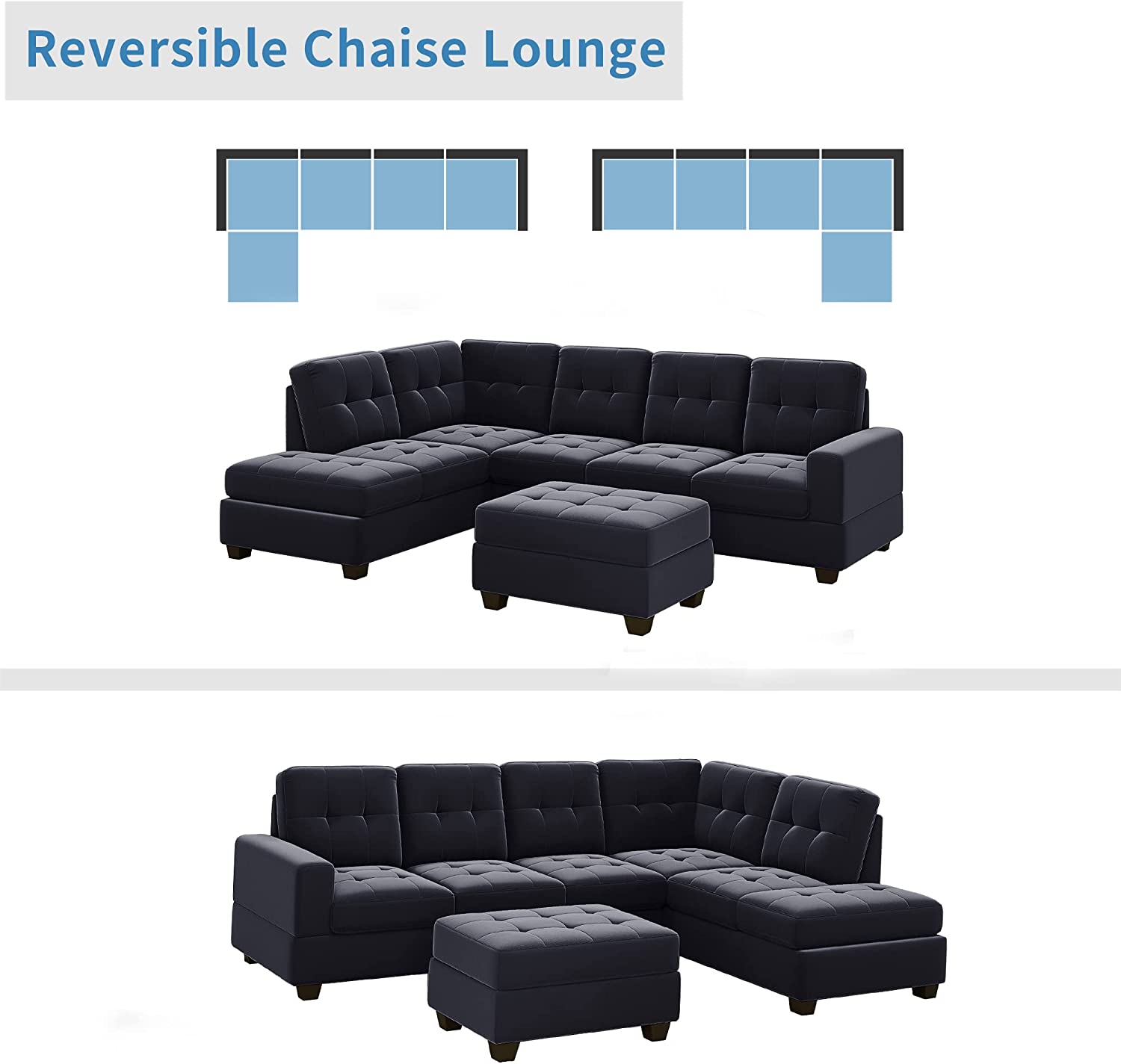 Modern Sectional Sofa with Reversible Chaise, L Shaped Couch Set with Storage Ottoman and Two Cup Holders K7034