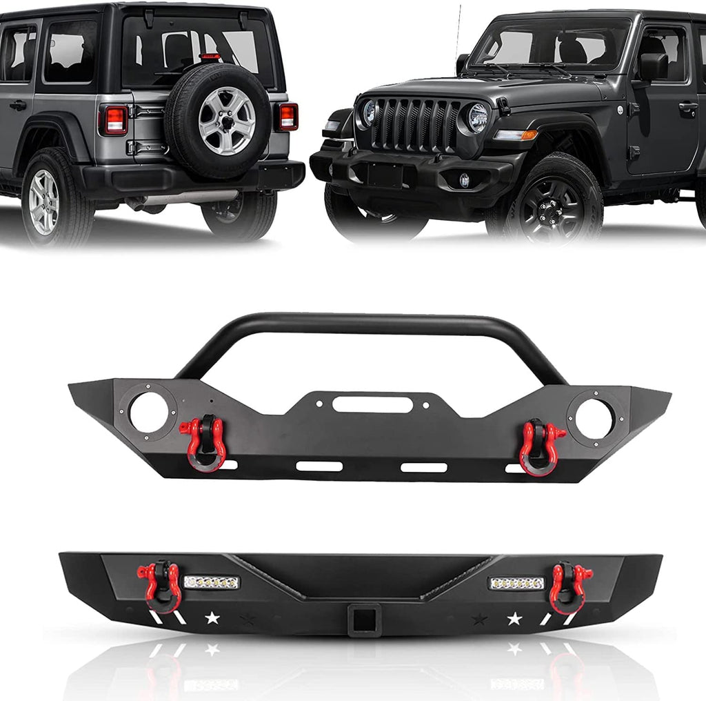 2PCS Full Width Bumper Combo with Winch Plate & LED Lights & D-rings & Fog Light Housing Q10270