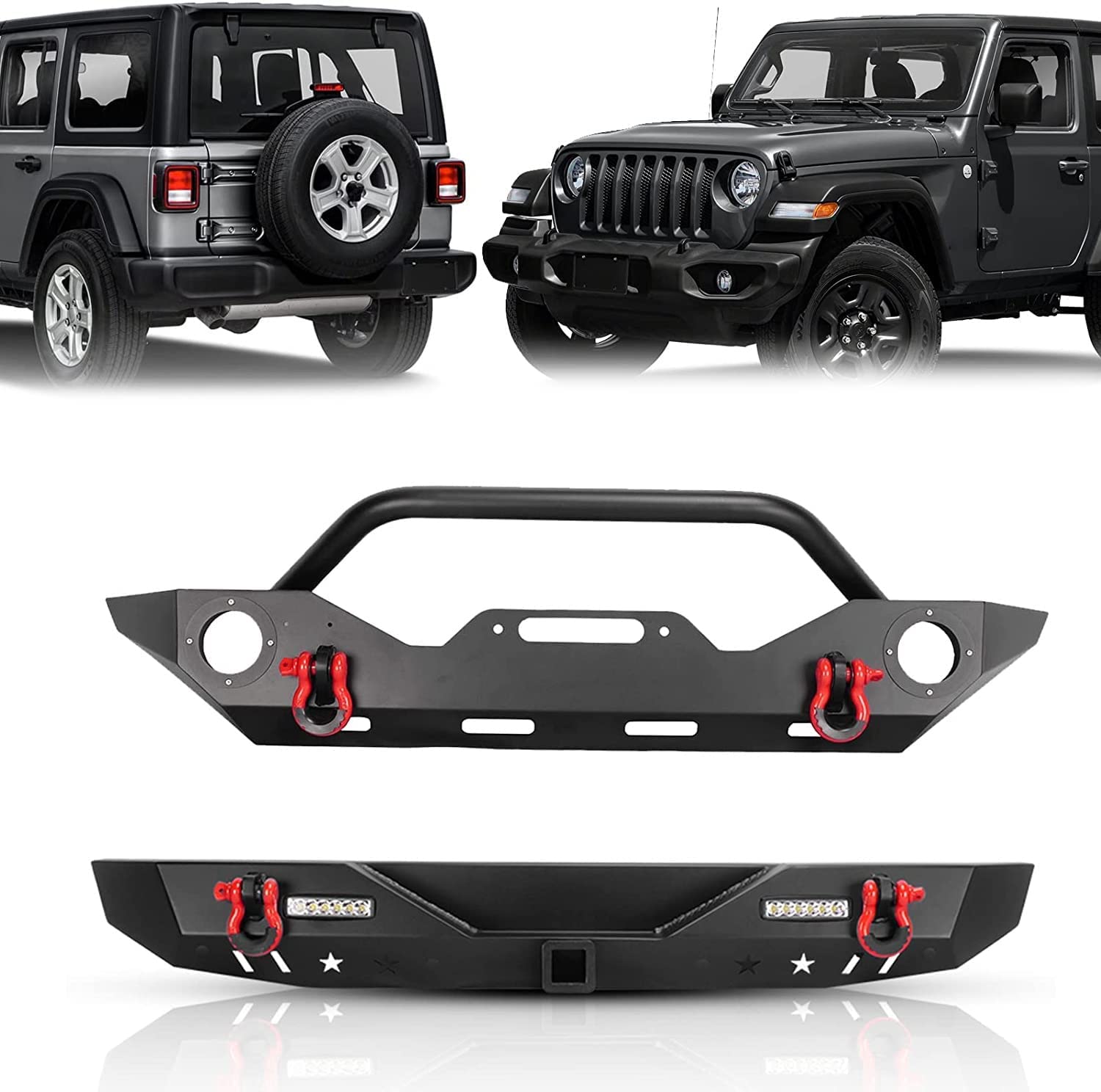 2PCS Full Width Bumper Combo with Winch Plate & LED Lights & D-rings & Fog Light Housing Q10270