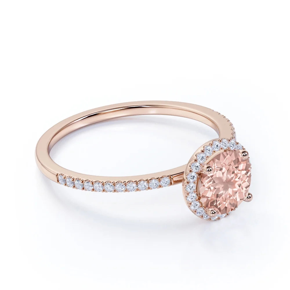 1.50 Carat Round Cut Created Morganite Diamond Halo Engagement Ring in Solid 10K Rose Gold F48521