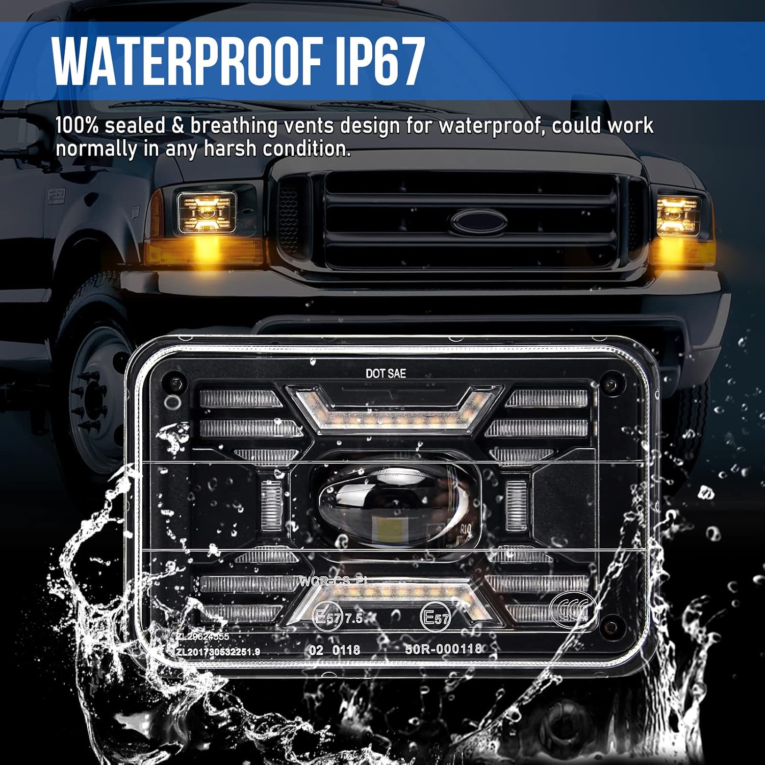 80W Square 4x6 Inch LED Headlight with Halo & Turn Signal Light, 2PC Pack X25755