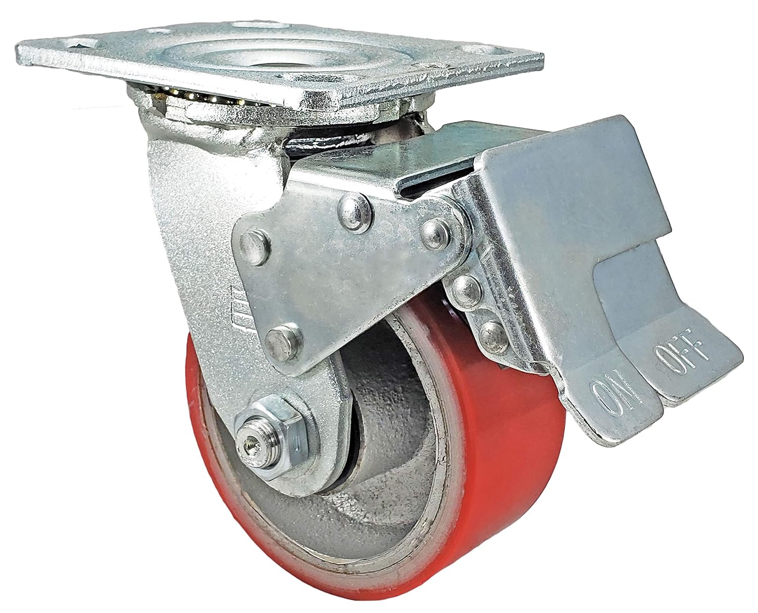 4 x 2 Total Lock Caster Set with Red Polyurethane on Steel Wheel P3612