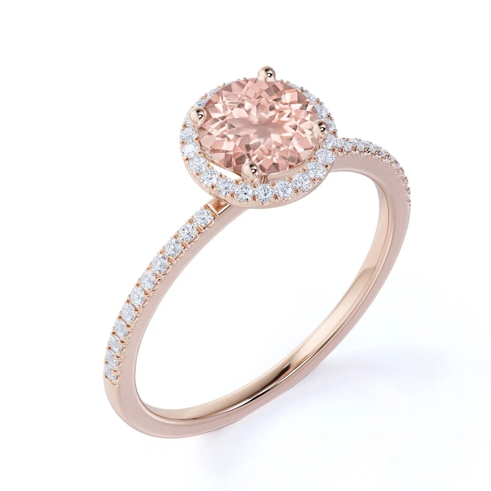 1.50 Carat Round Cut Created Morganite Diamond Halo Engagement Ring in Solid 10K Rose Gold F48521