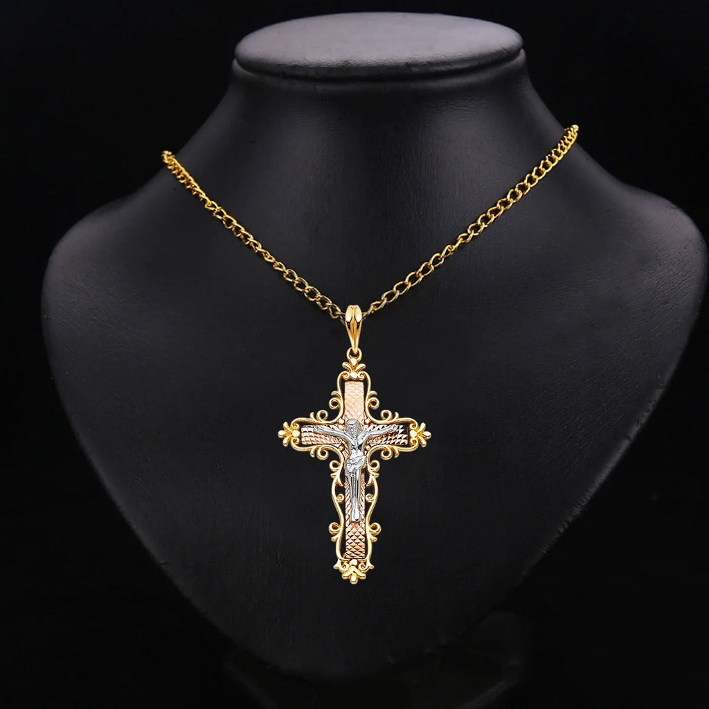 14K Tri Color Gold Religious Crucifix Pendant, 37 x 25 MM, 2.5 grams I865179