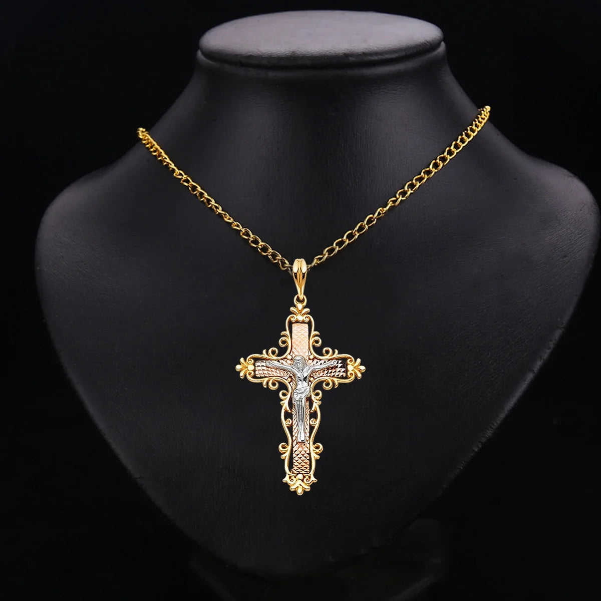 14K Tri Color Gold Religious Crucifix Pendant, 37 x 25 MM, 2.5 grams I865179