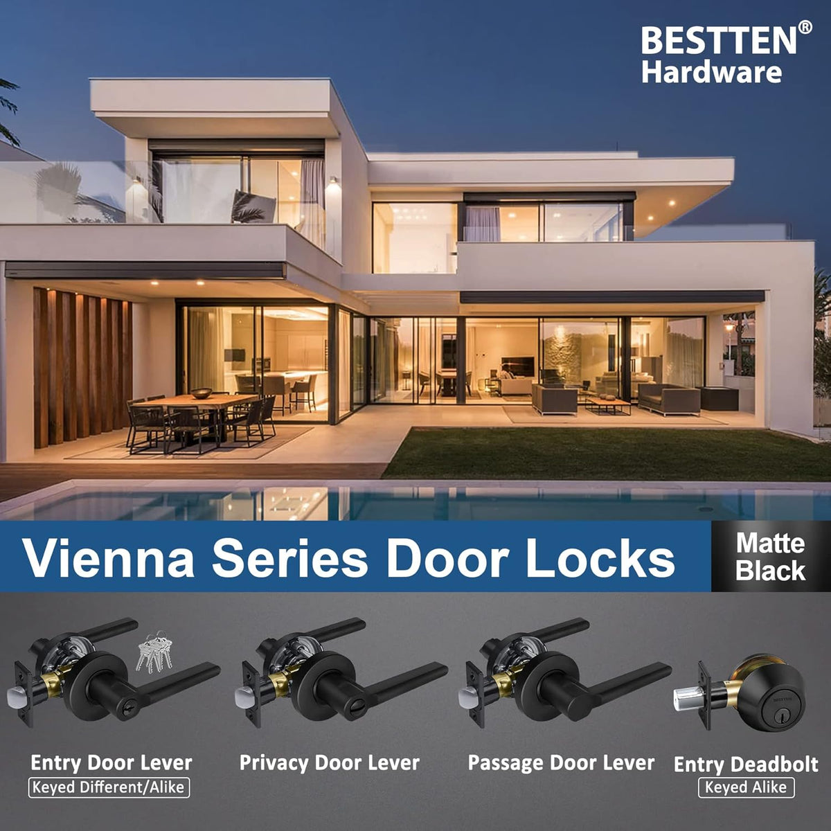 [3 Pack] Matte Black Passage Door Lever with Removable Latch Plate F66958