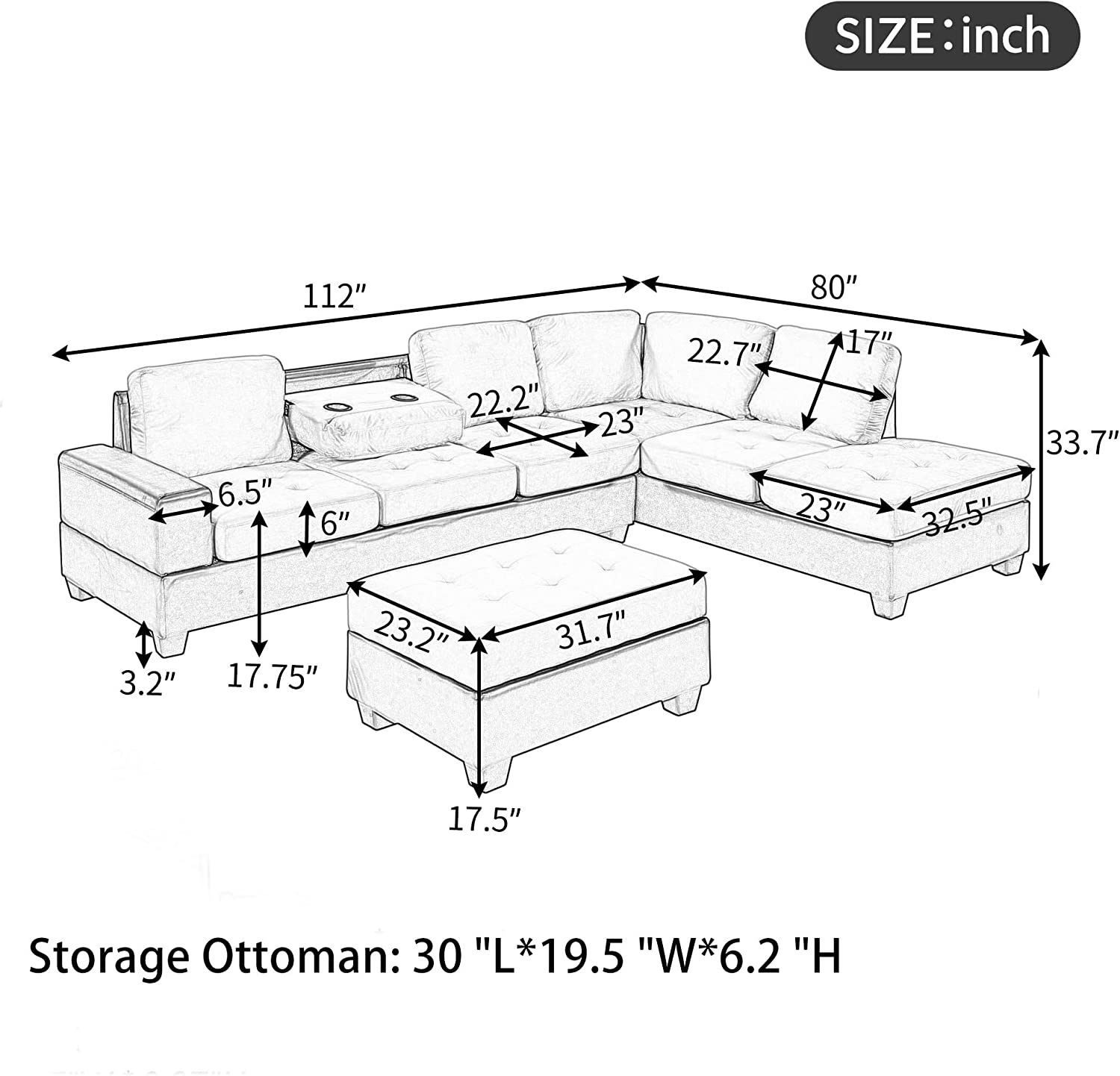 Modern Sectional Sofa with Reversible Chaise, L Shaped Couch Set with Storage Ottoman and Two Cup Holders K7034