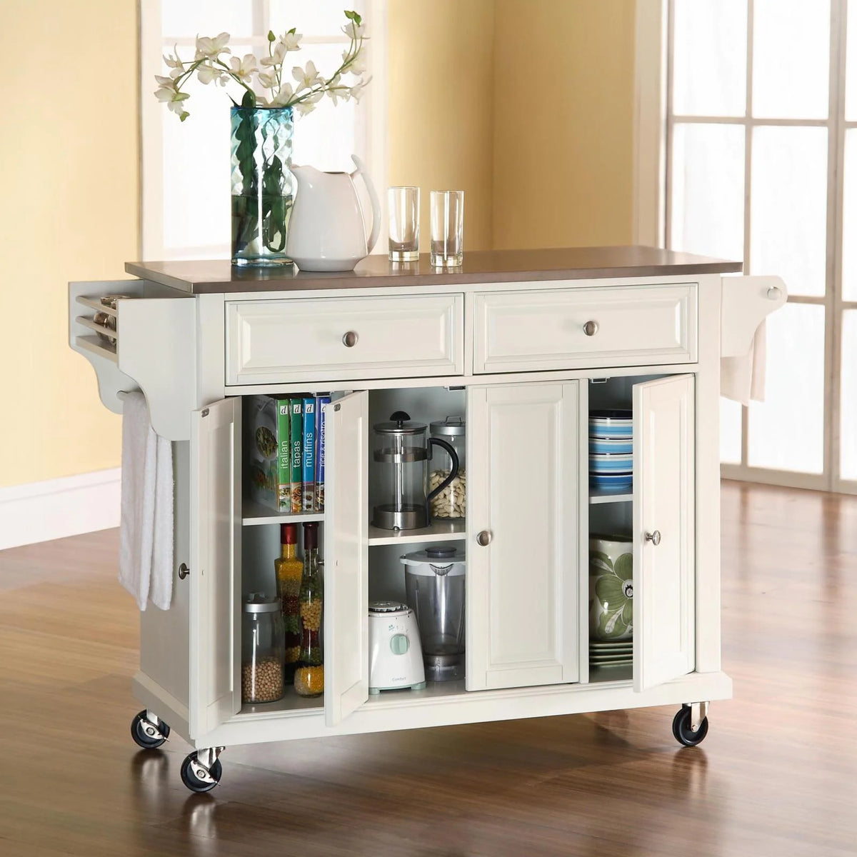 White/Silver Wood Stainless Steel Kitchen Cart B109252