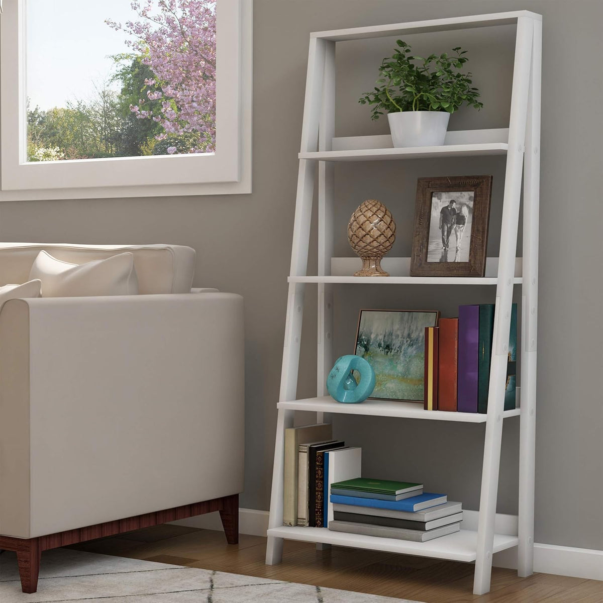Gray Wooden Ladder Bookshelf S466
