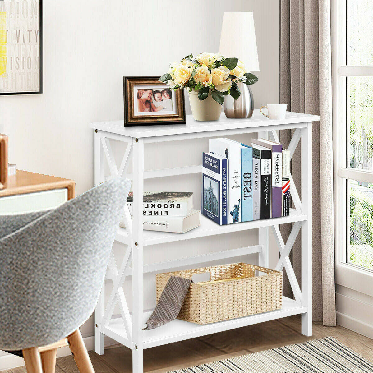 3-Tier White Wooden Open Shelf Bookcase Q54876