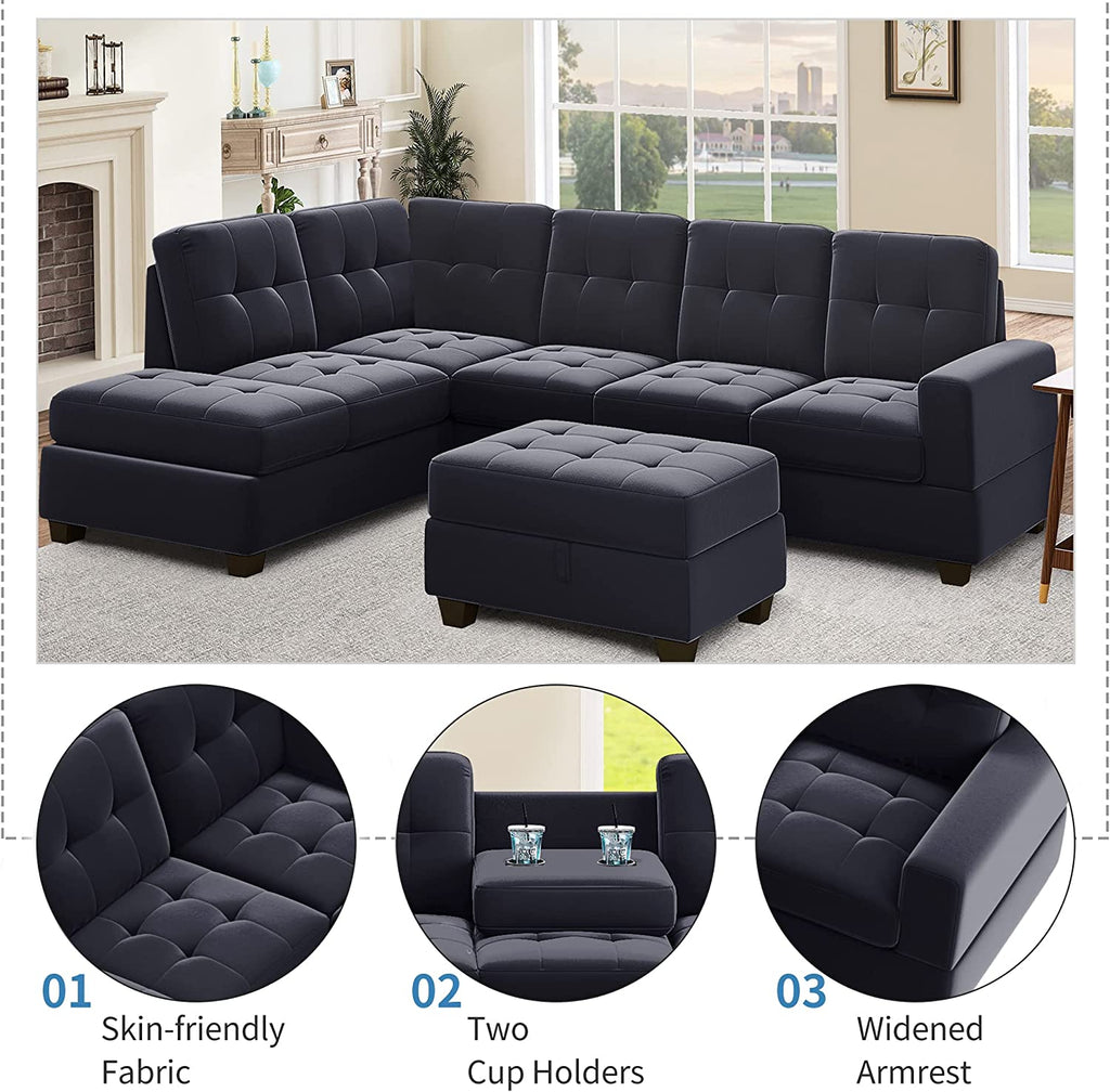 Modern Sectional Sofa with Reversible Chaise, L Shaped Couch Set with Storage Ottoman and Two Cup Holders K7034