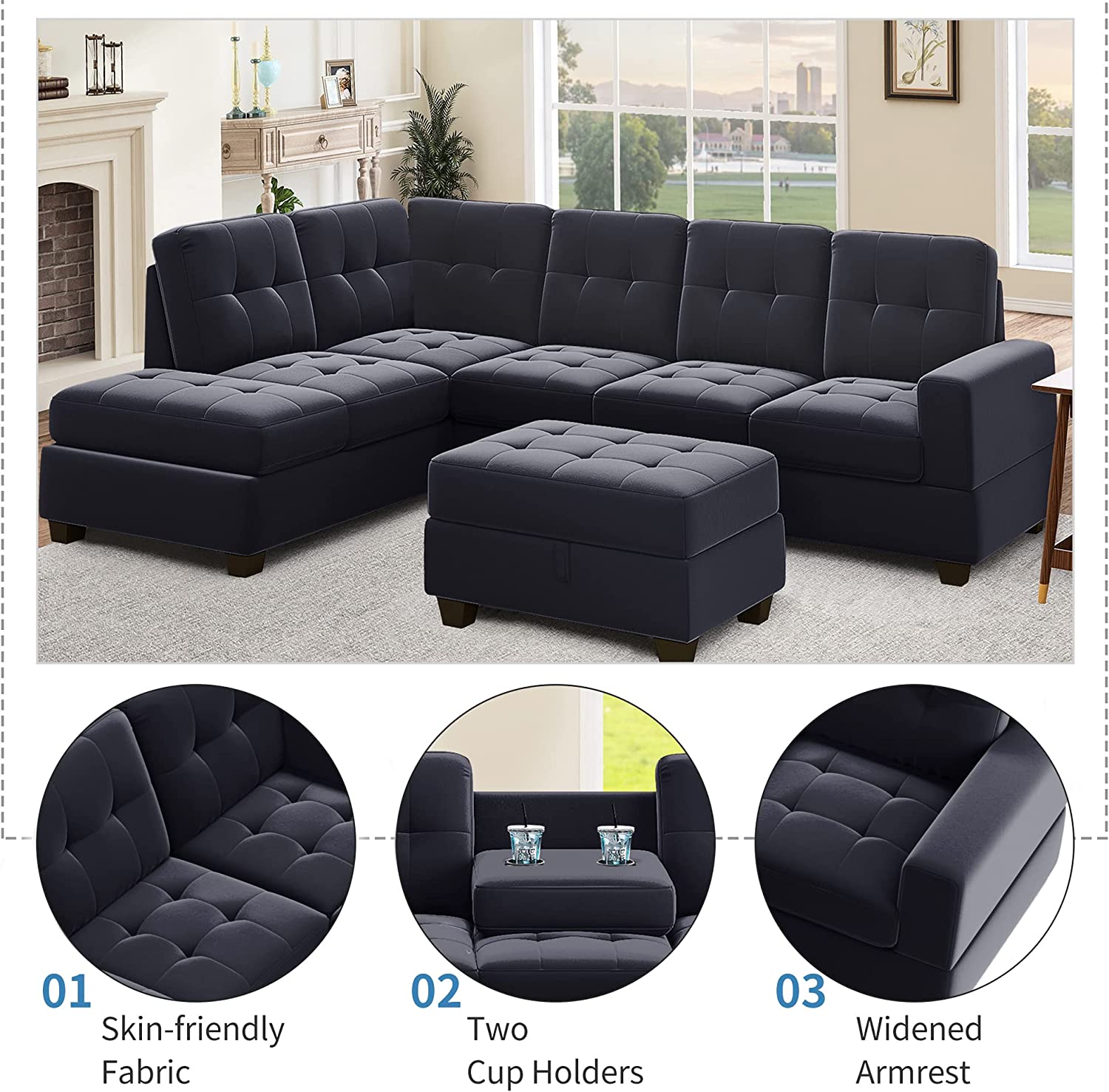 Modern Sectional Sofa with Reversible Chaise, L Shaped Couch Set with Storage Ottoman and Two Cup Holders K7034