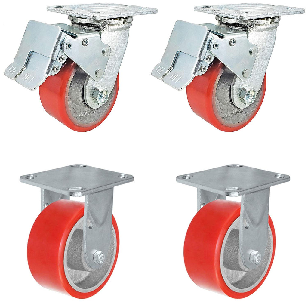 4 x 2 Total Lock Caster Set with Red Polyurethane on Steel Wheel P3612